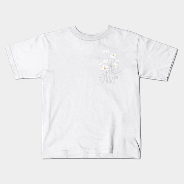 white cosmos flowers  ink and watercolor Kids T-Shirt by colorandcolor